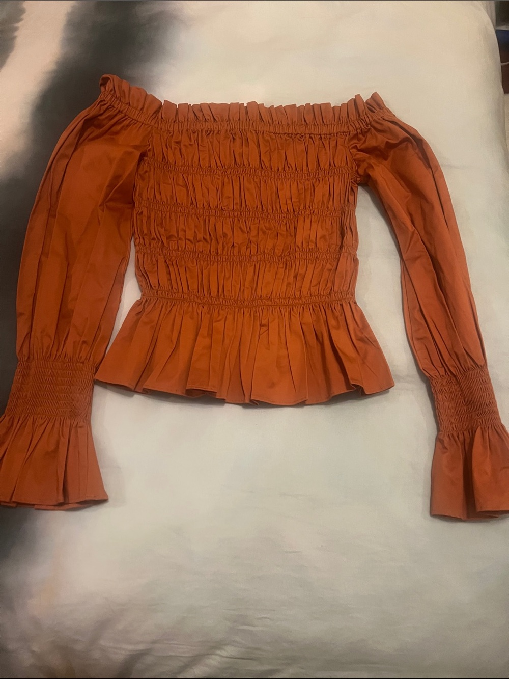 House of Harlow 1960 Rust Orange Off-Shoulder Smocked Peplum Blouse